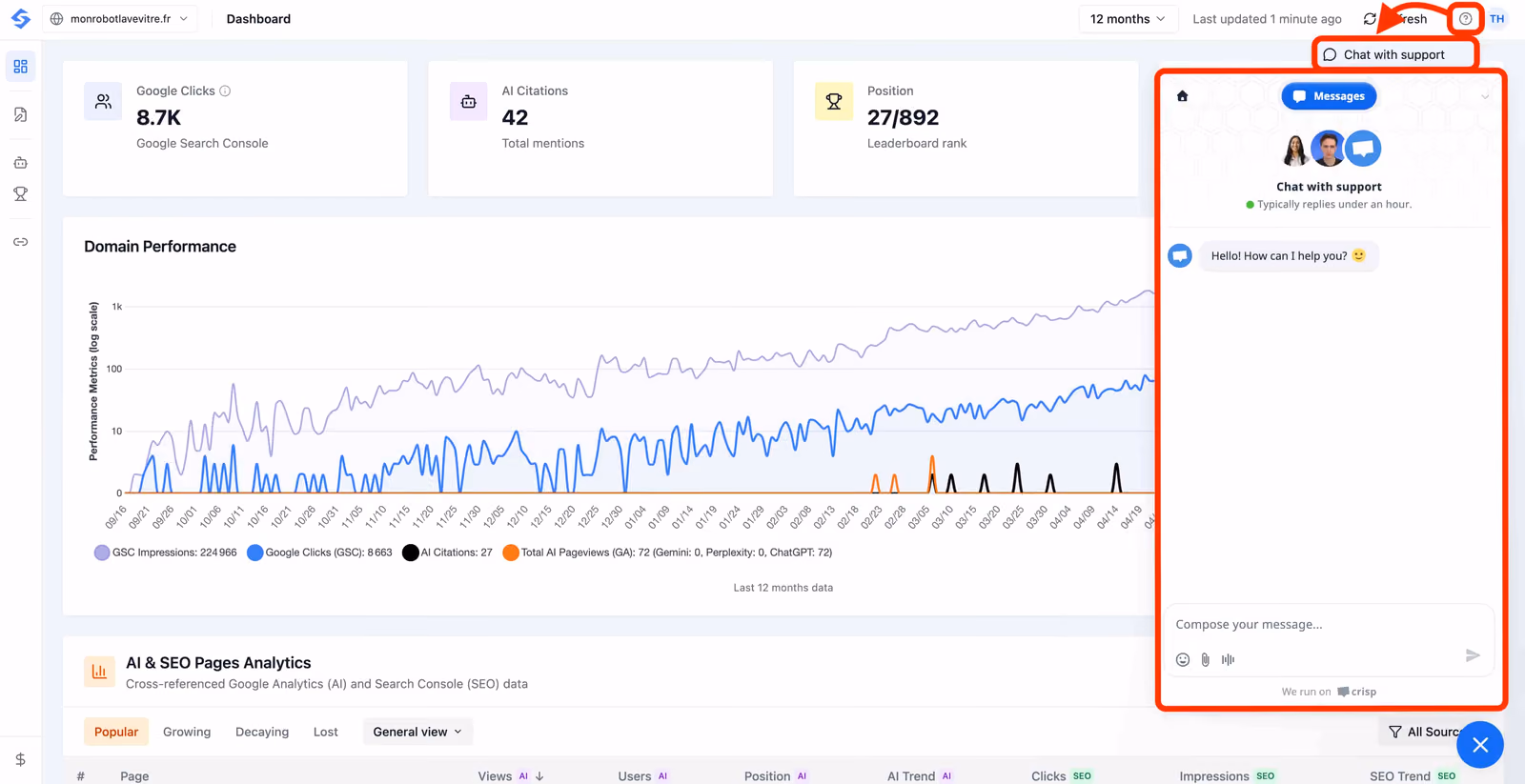 Dashboard showing domain performance graph with Google clicks, AI citations, and chat support window open on right.