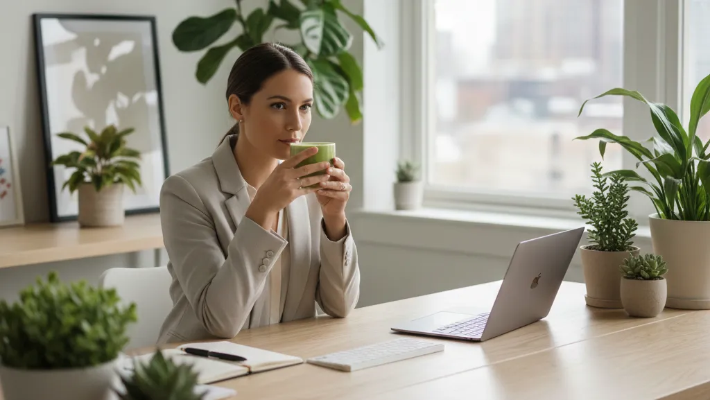 Matcha latte sur un bureau d'entrepreneur minimaliste