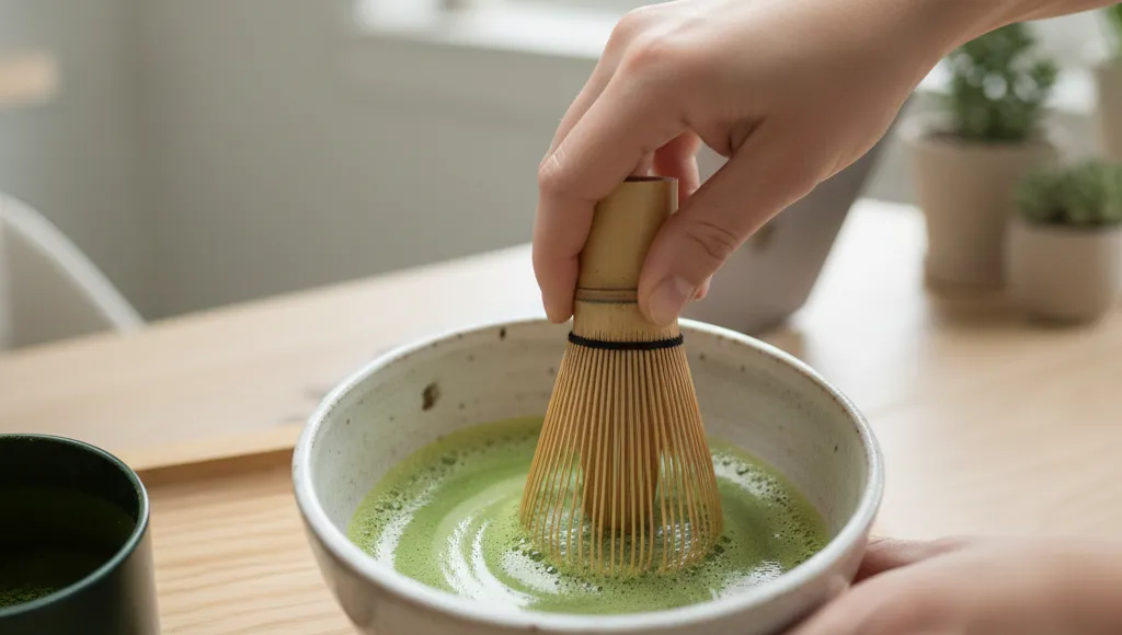 Preparation traditionnelle du matcha avec un chasen en bambou