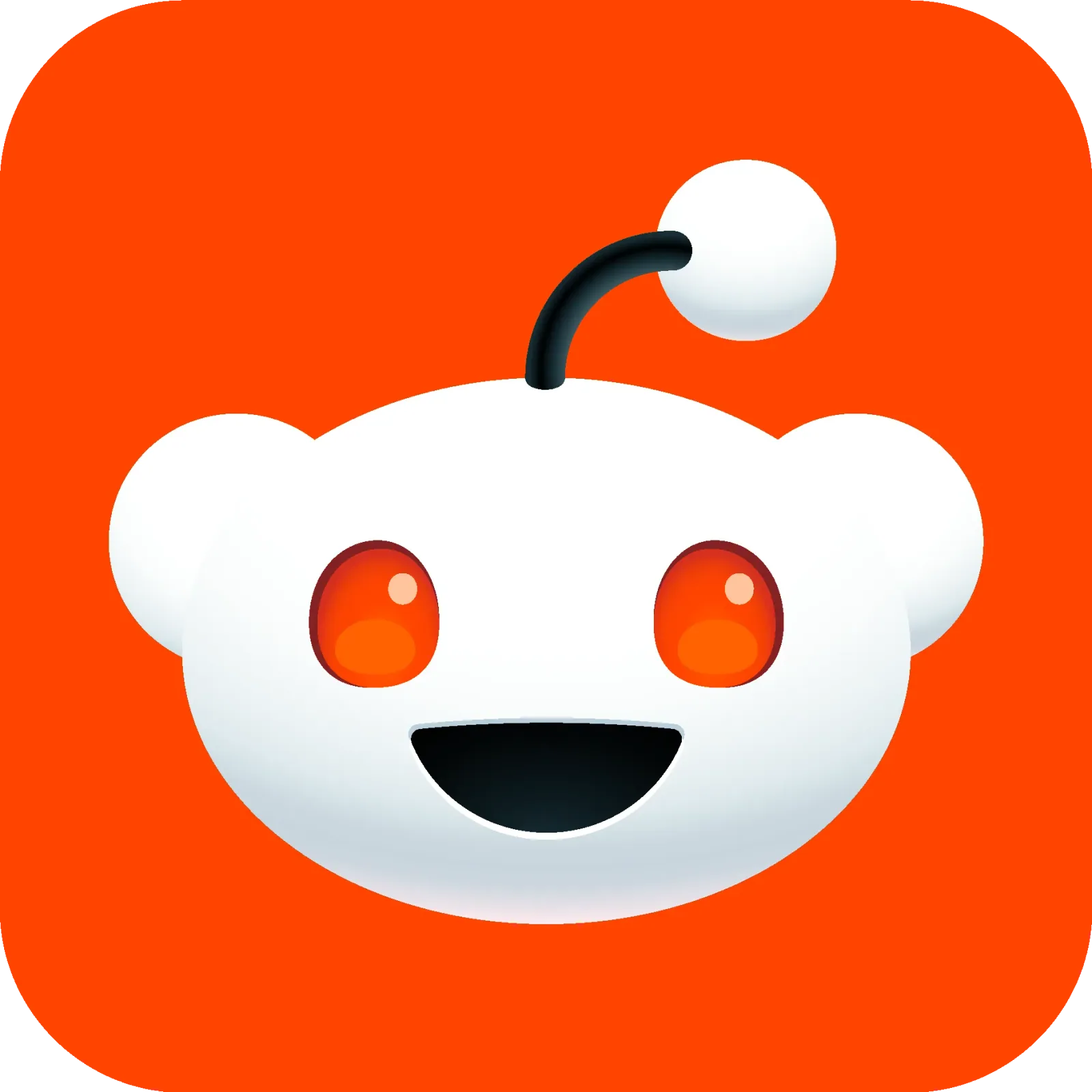 The Reddit alien mascot face with red eyes and a smiling mouth on an orange background.