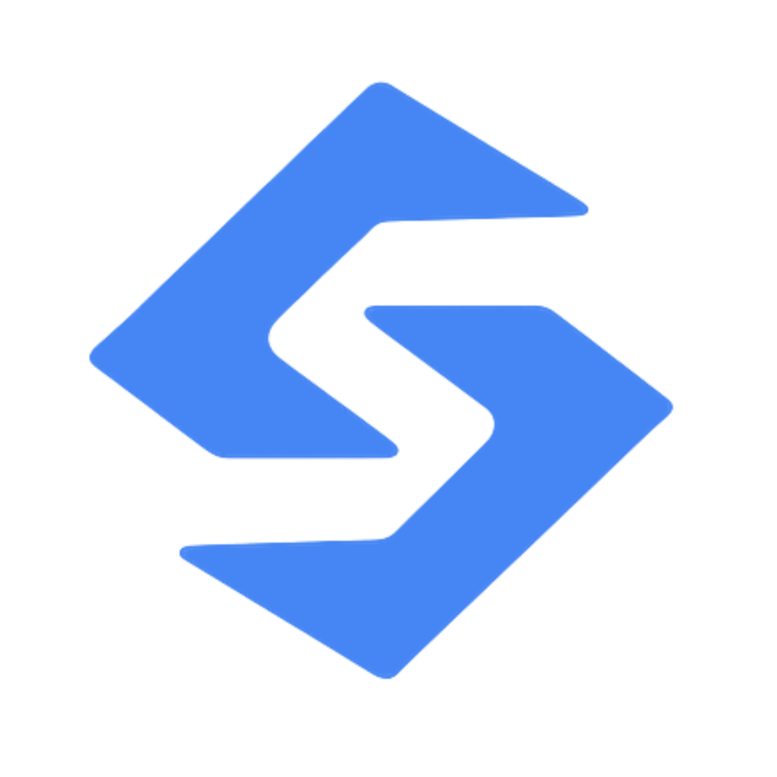 Blue abstract geometric shape consisting of two connected angular arrows pointing right.