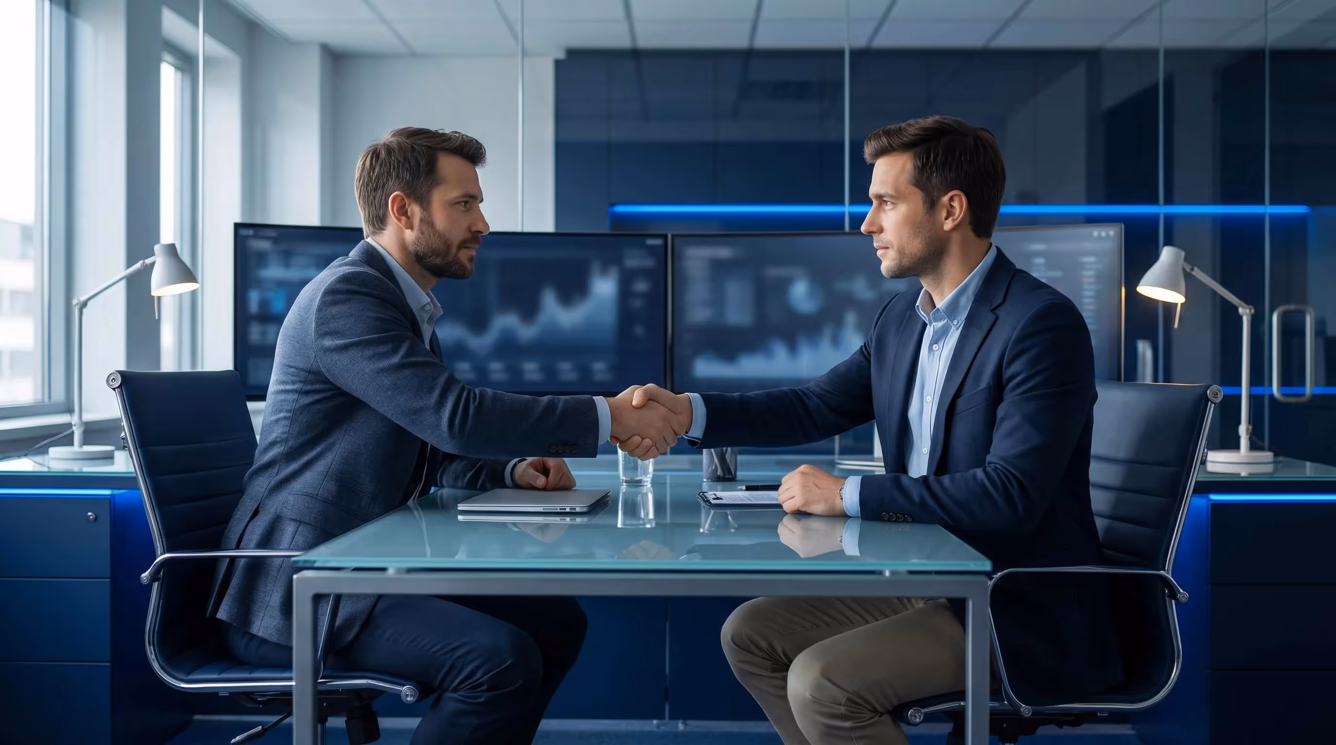 Two professionals shaking hands in a blue-lit SEO agency office, partnership agreement visible on monitors
