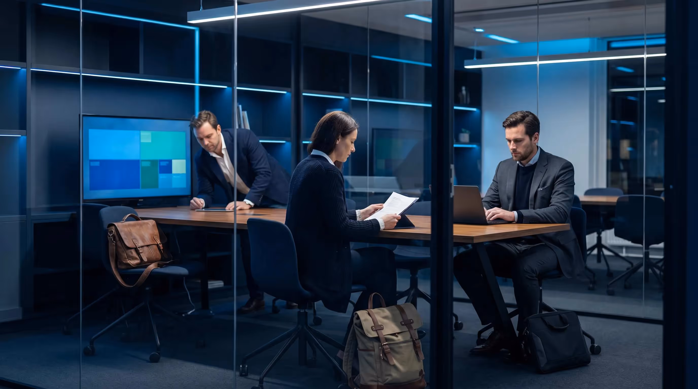 Three professionals representing freelance, employee and agency partner SEO career paths in a meeting room