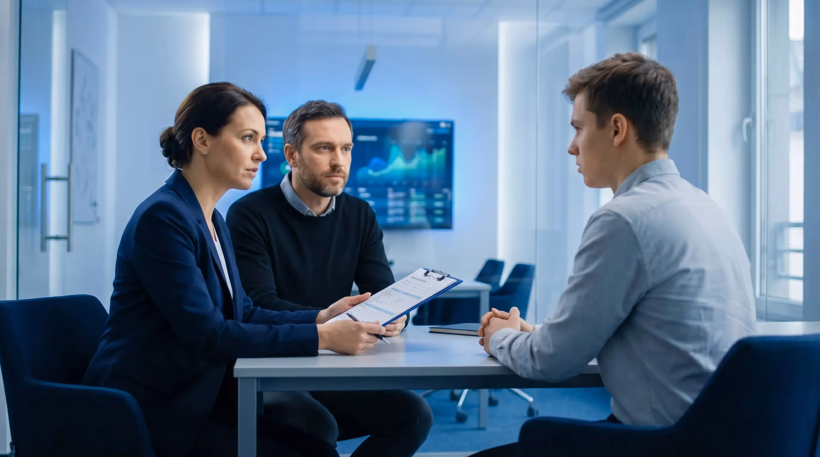 Female hiring manager interviewing a young SEO candidate with evaluation grid in a modern interview room
