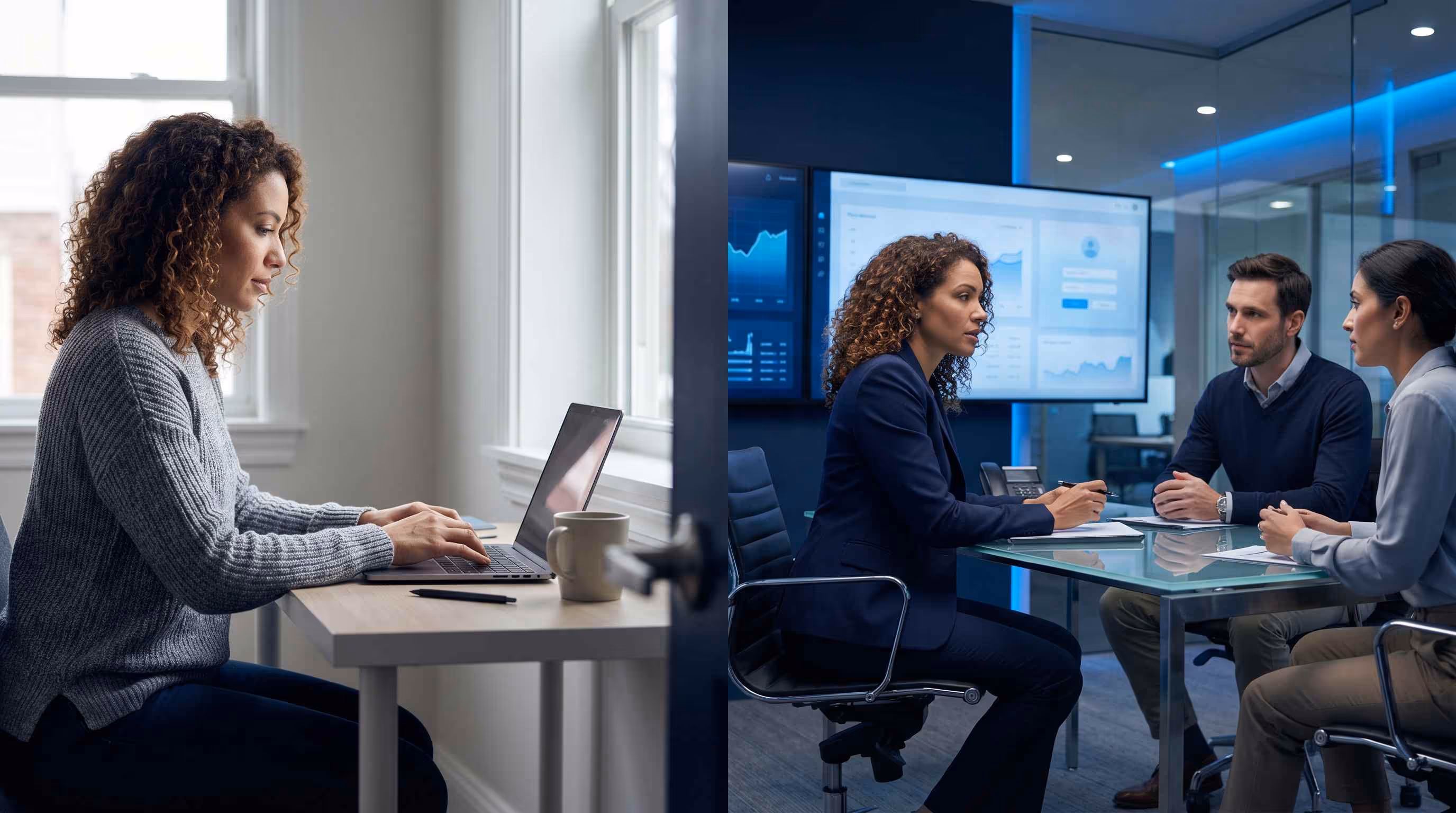 Split-scene photo comparing a solo SEO freelancer at home desk versus agency founder with team in office