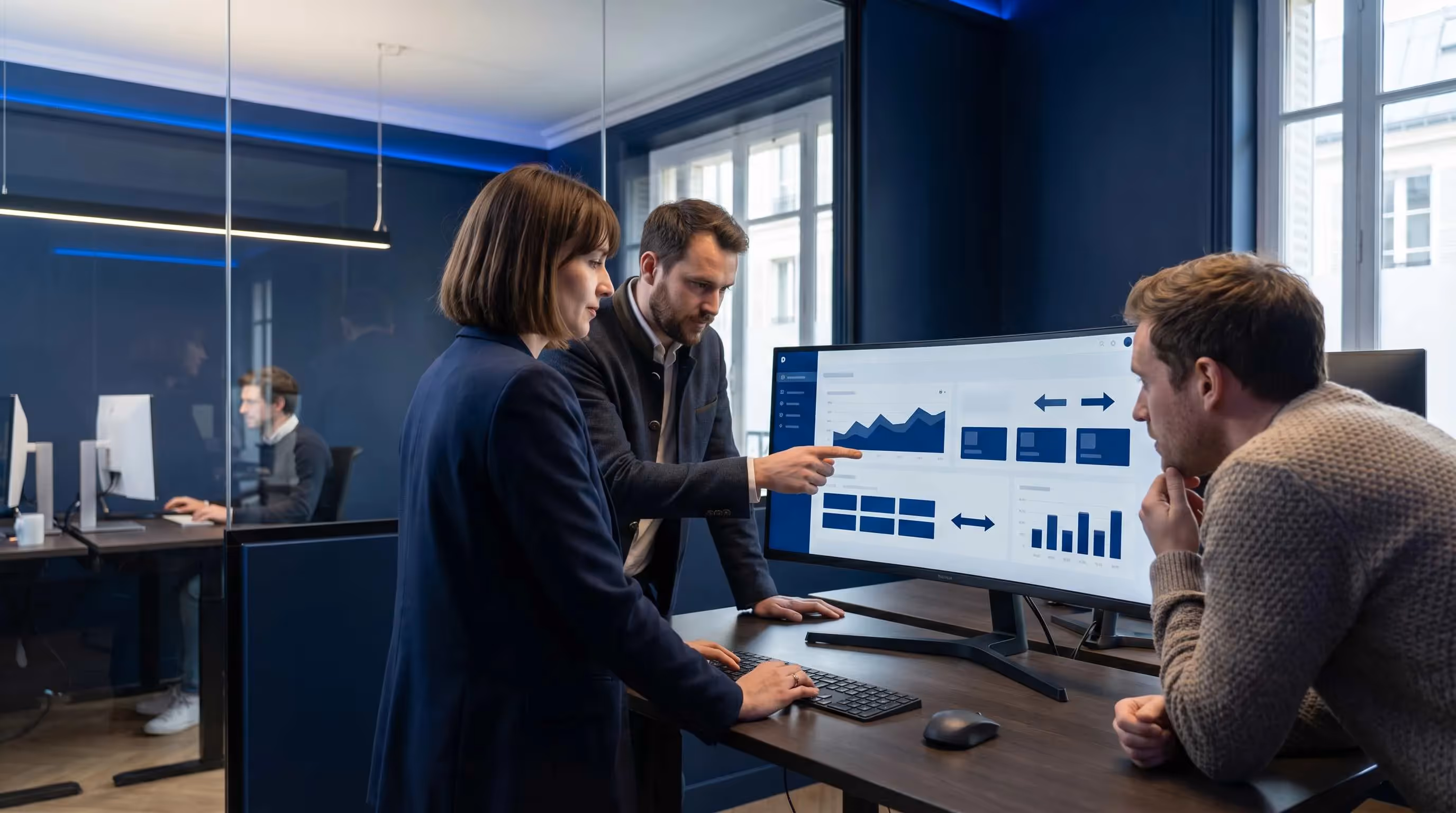 Large monitor displaying SEO agency dashboard with MRR, churn rate and LTV metrics highlighted in navy blue