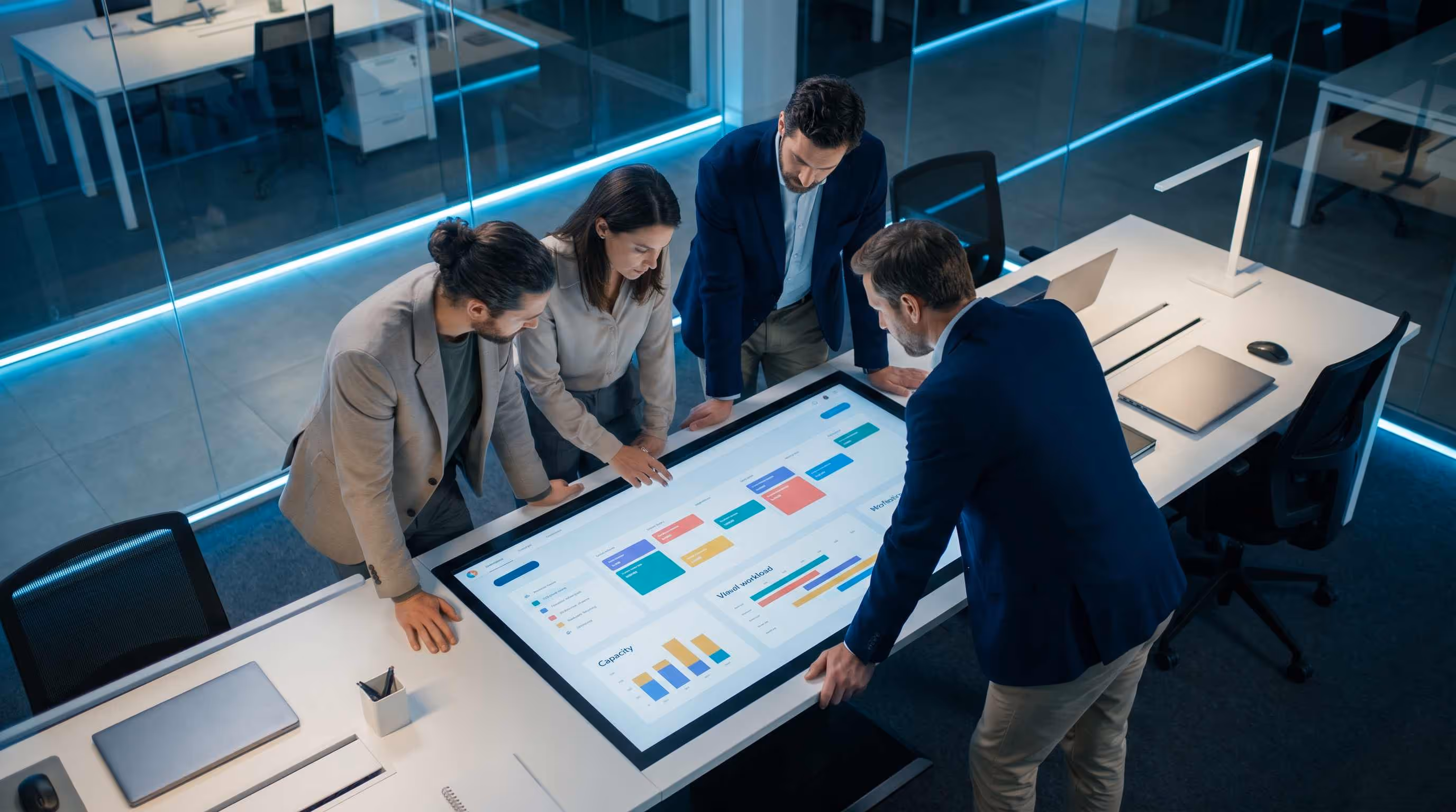 Female project manager pointing at an overloaded capacity column on a Notion-style project management screen