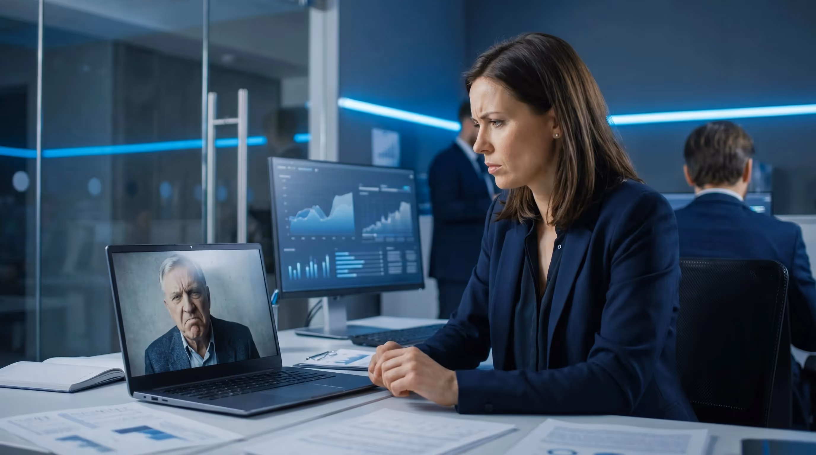 Female account manager in a tense video call with a visibly unhappy SEO client on laptop screen