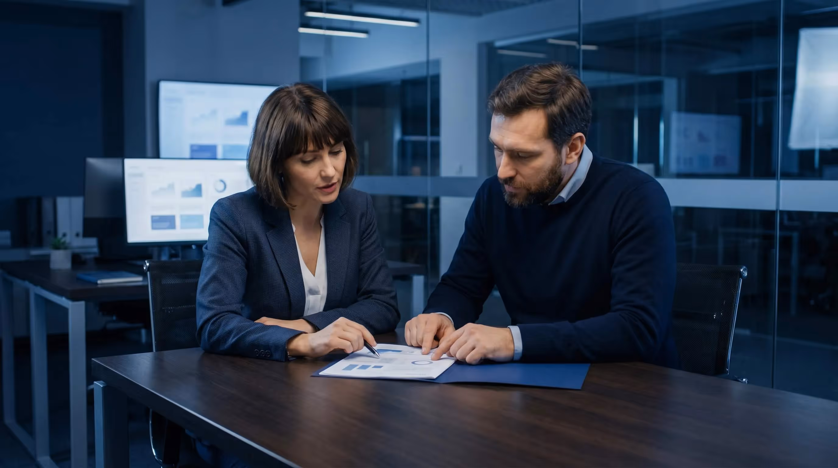 Account manager and client reviewing a printed SEO contract renewal proposal at a meeting table