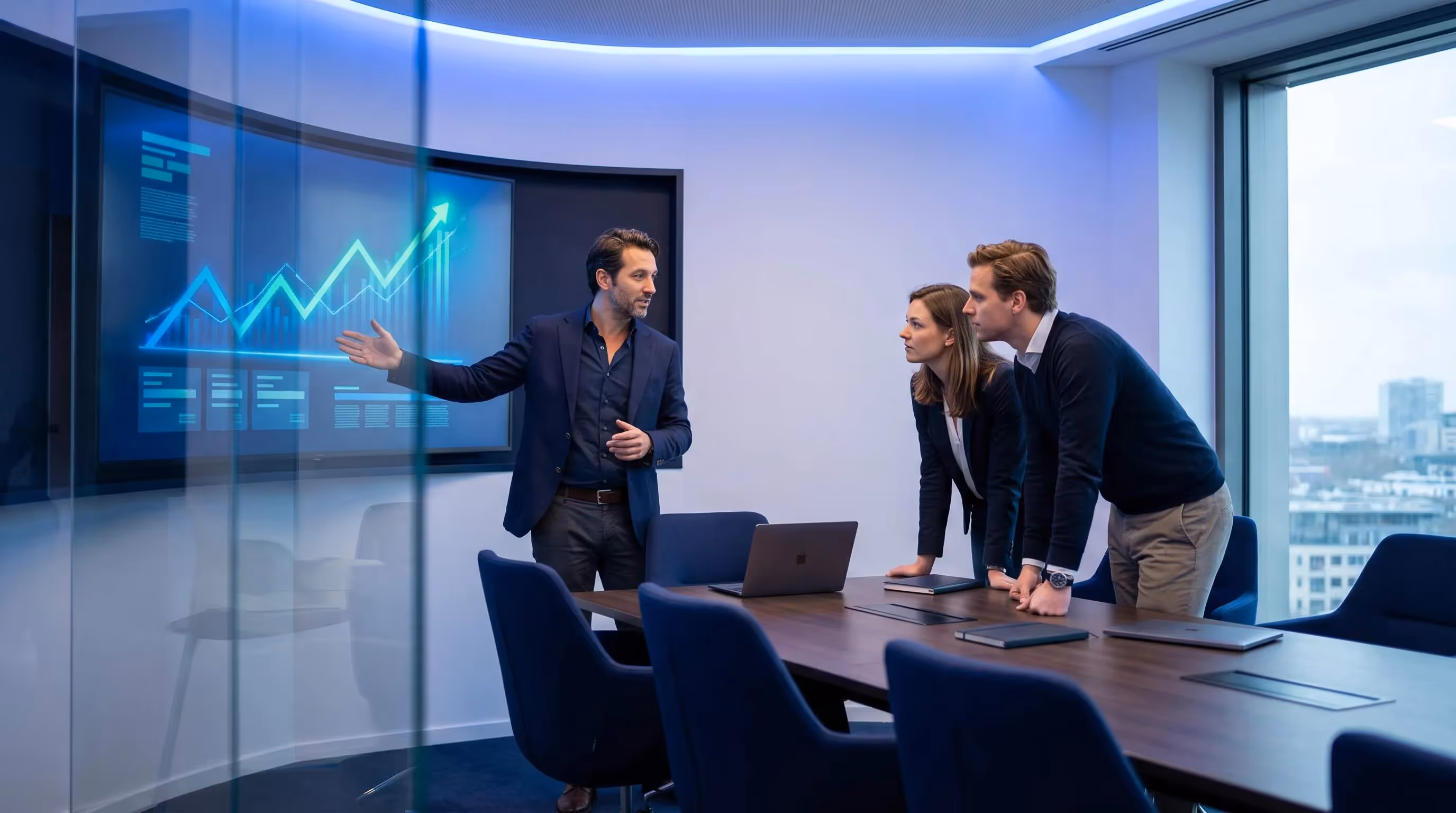 Male SEO consultant presenting Q2 results with upward traffic graphs on a large boardroom screen