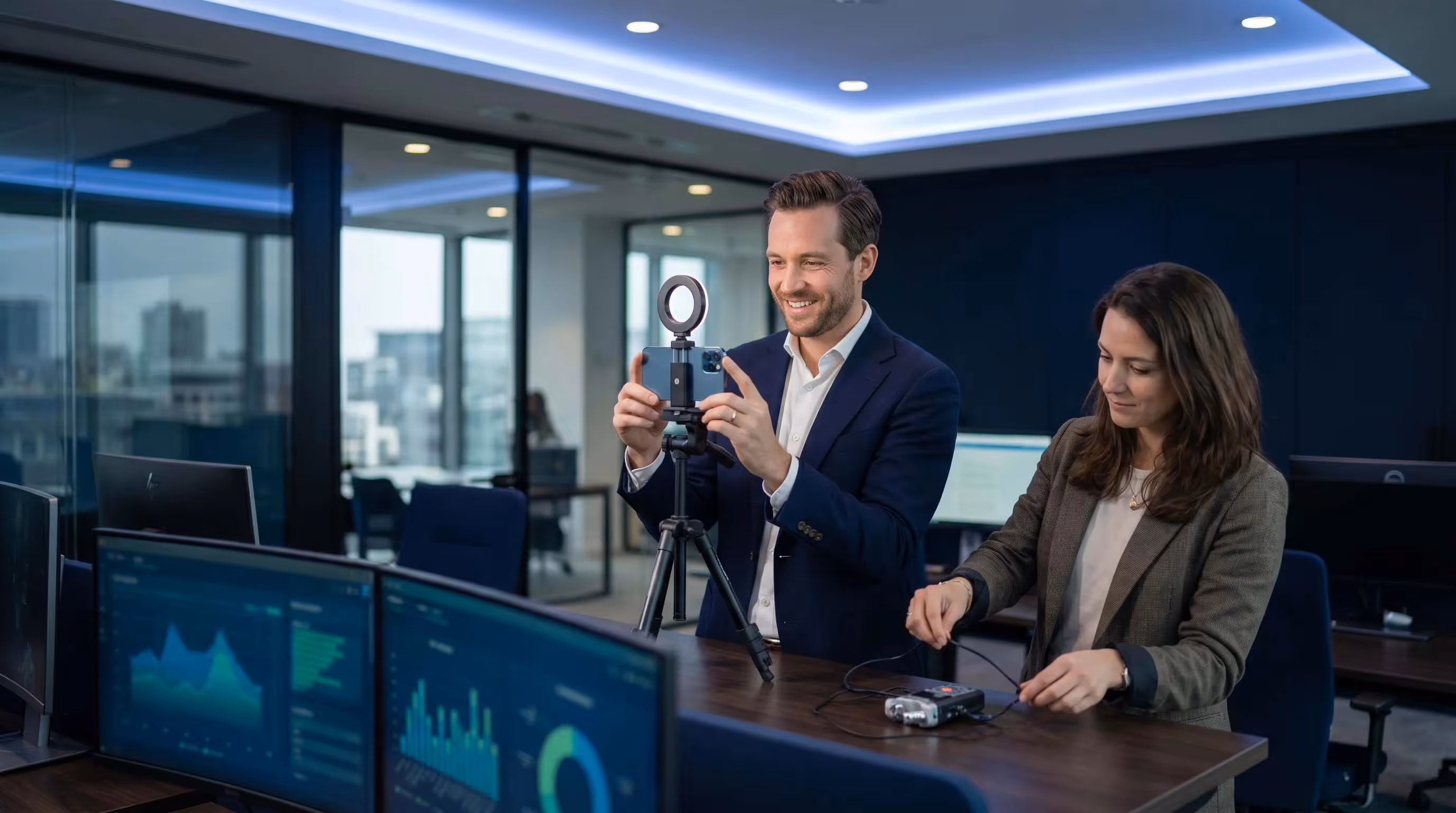 Happy SEO client recording a video testimonial on a ring-lit smartphone with agency team member assisting