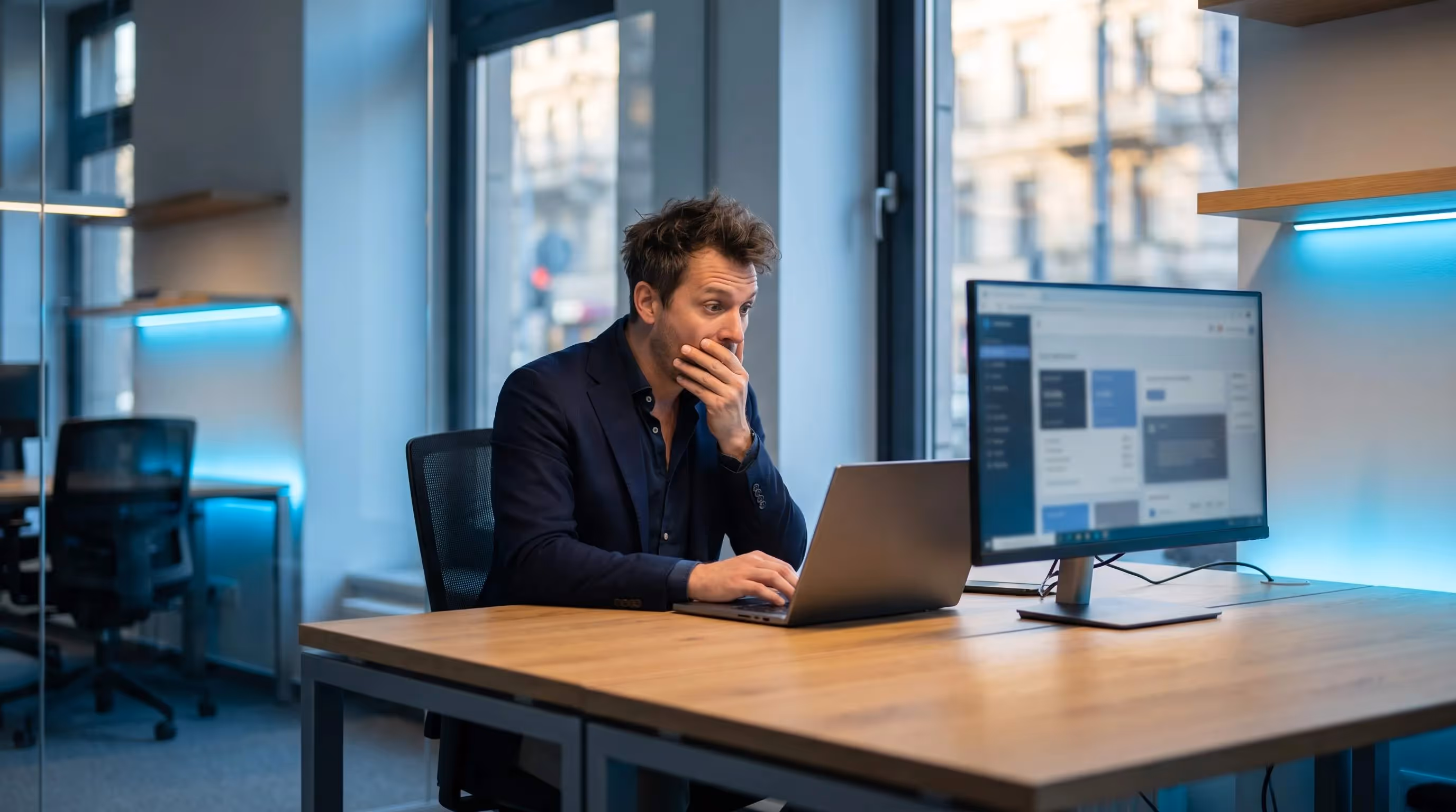 Male project manager reading out-of-scope client email with surprised expression at his office desk