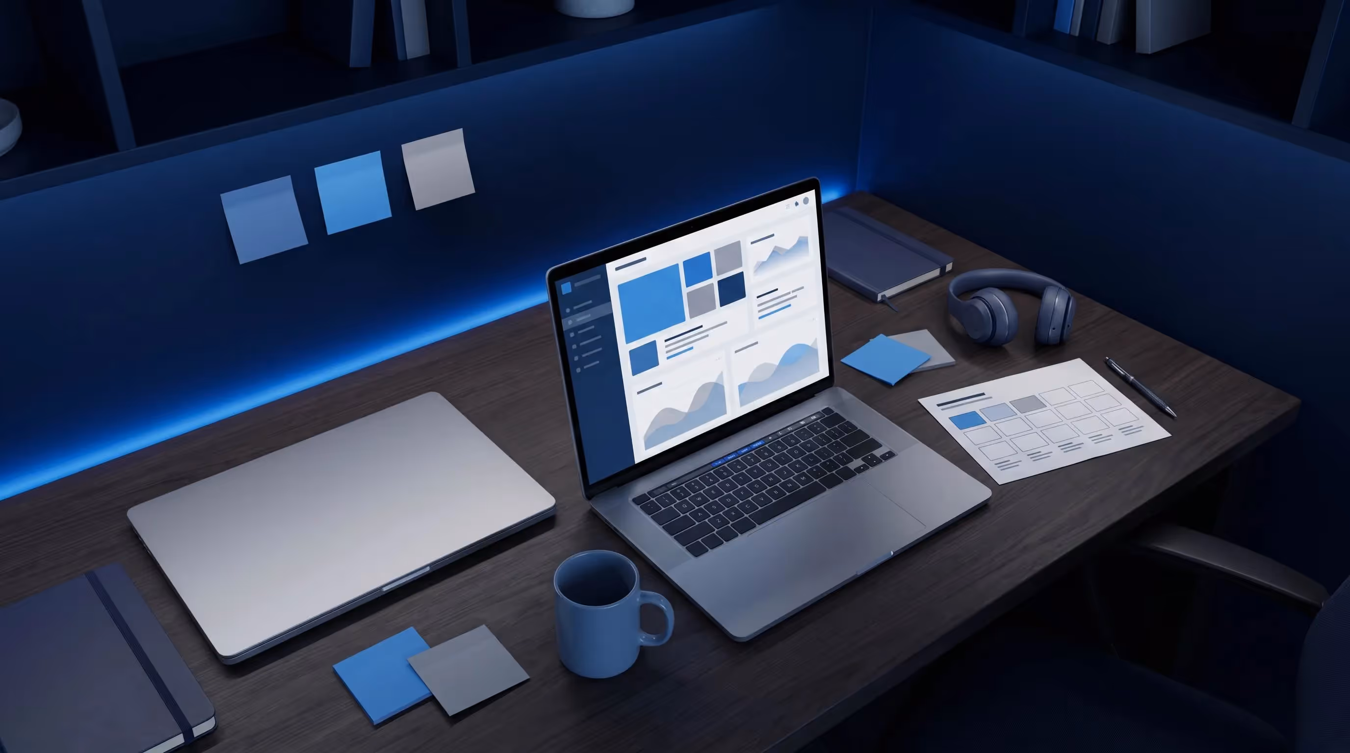 Overhead flatlay of SEO agency desk with MacBook showing Notion sprint board, keyword matrix and coffee