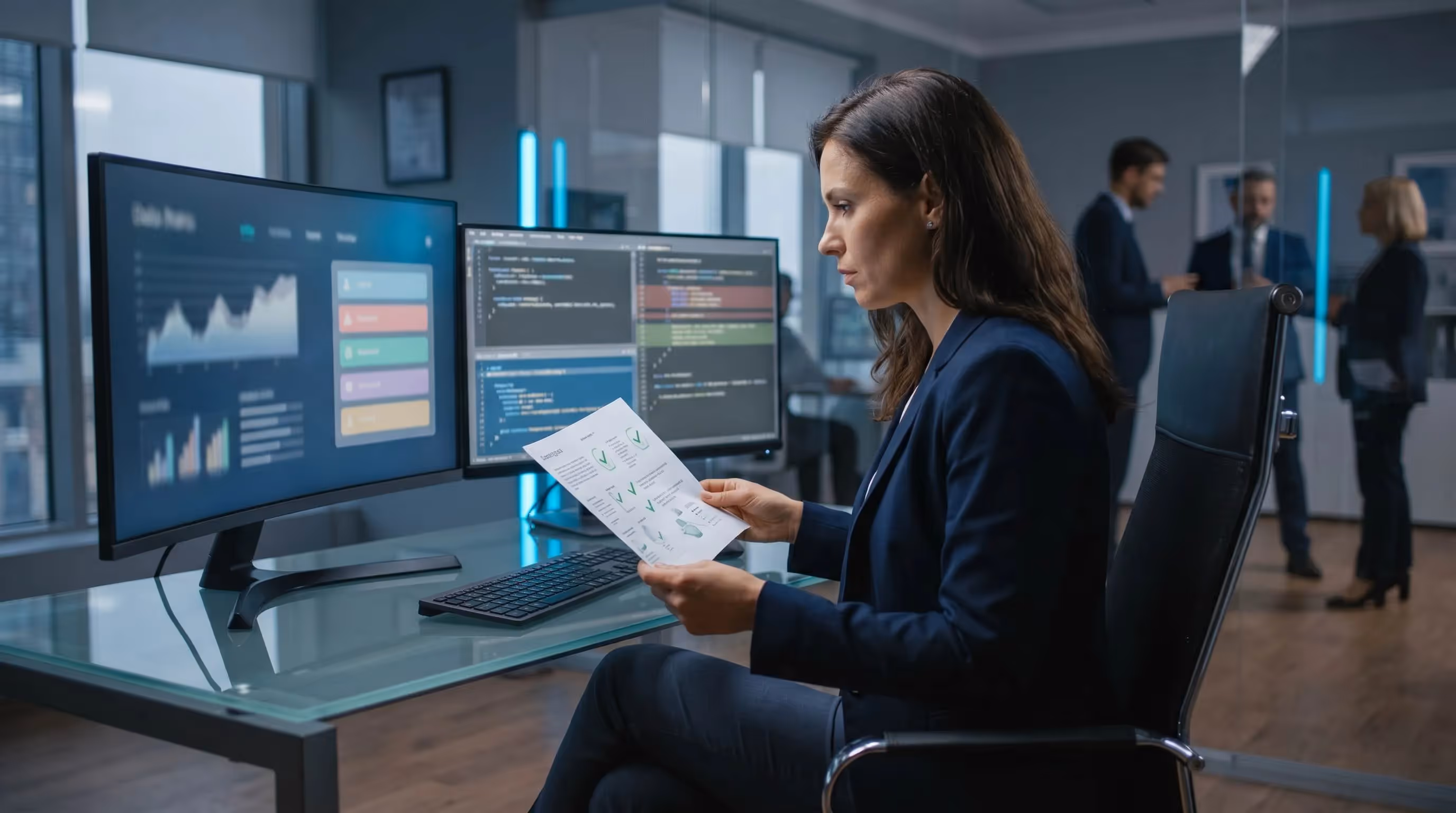 Female QC lead reviewing printed SEO audit checklist at desk with content comparison on second monitor