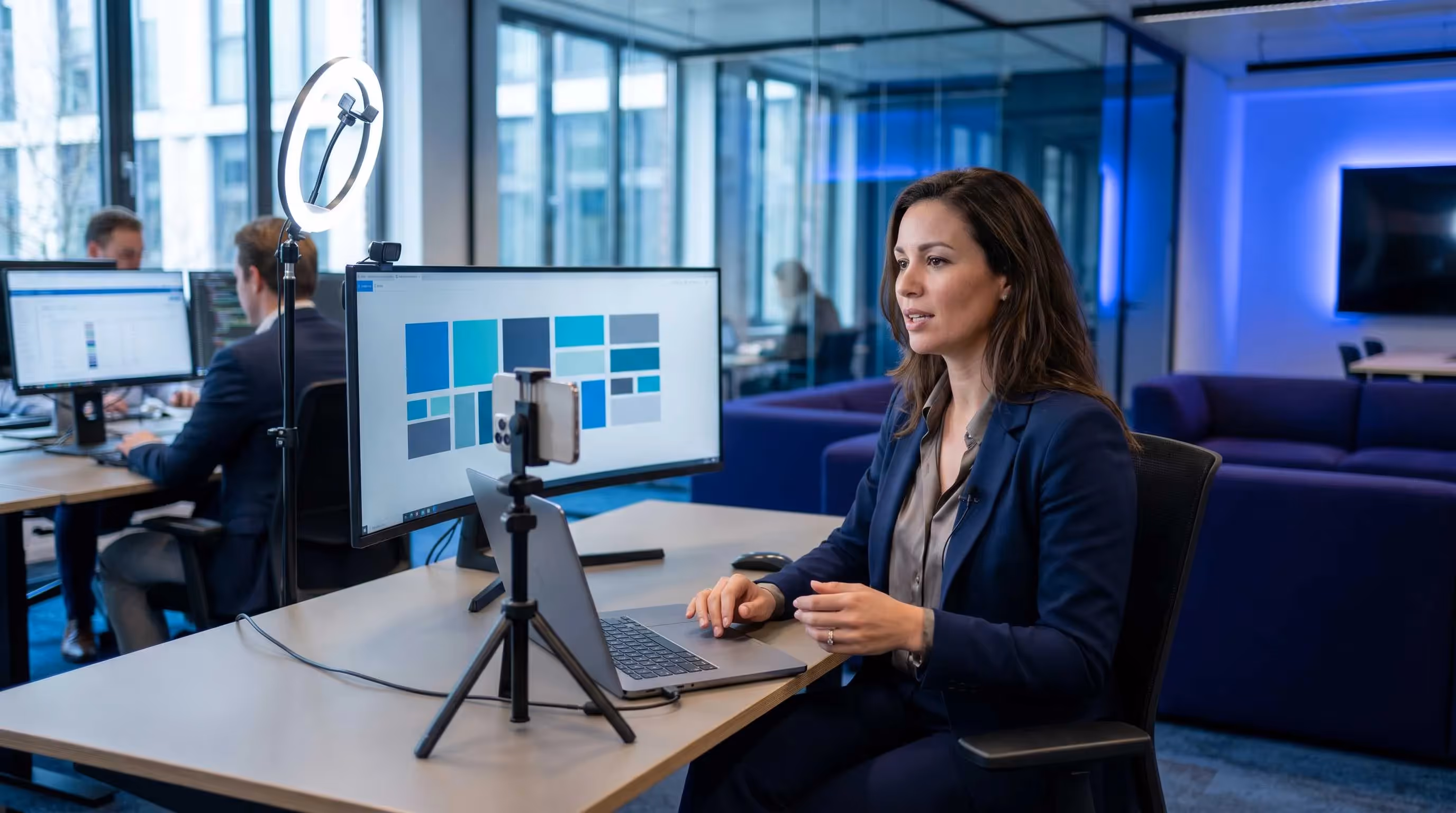 Female SEO consultant recording a LinkedIn video at desk with ring light and new follower notifications