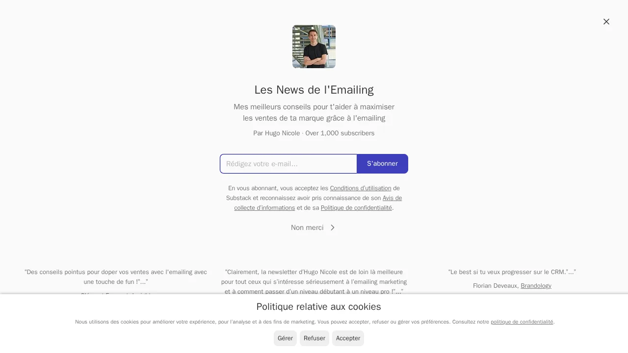 1000명이 넘는 구독자가 표시된 Hugo Nicole의 Substack 뉴스레터 Les News de l'Emailing 구독 페이지