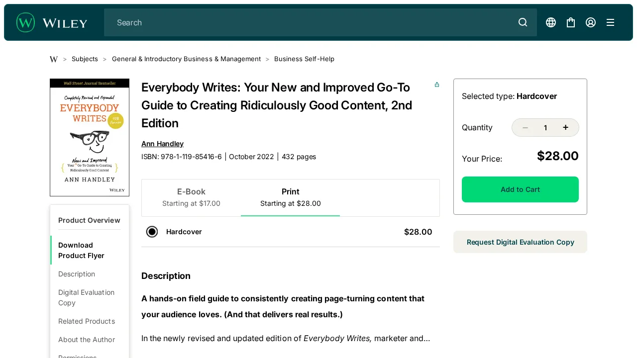 Ann Handley'nin Everybody Writes kitabının 2. baskısına ait Wiley ürün sayfası; kapak, yayın bilgileri ve fiyat