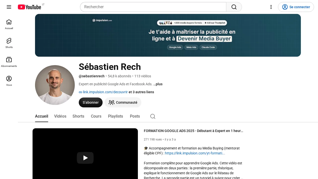 온라인 광고를 마스터하고 미디어 바이어가 되는 것에 관한 배너가 있는 Sébastien Rech의 YouTube 채널