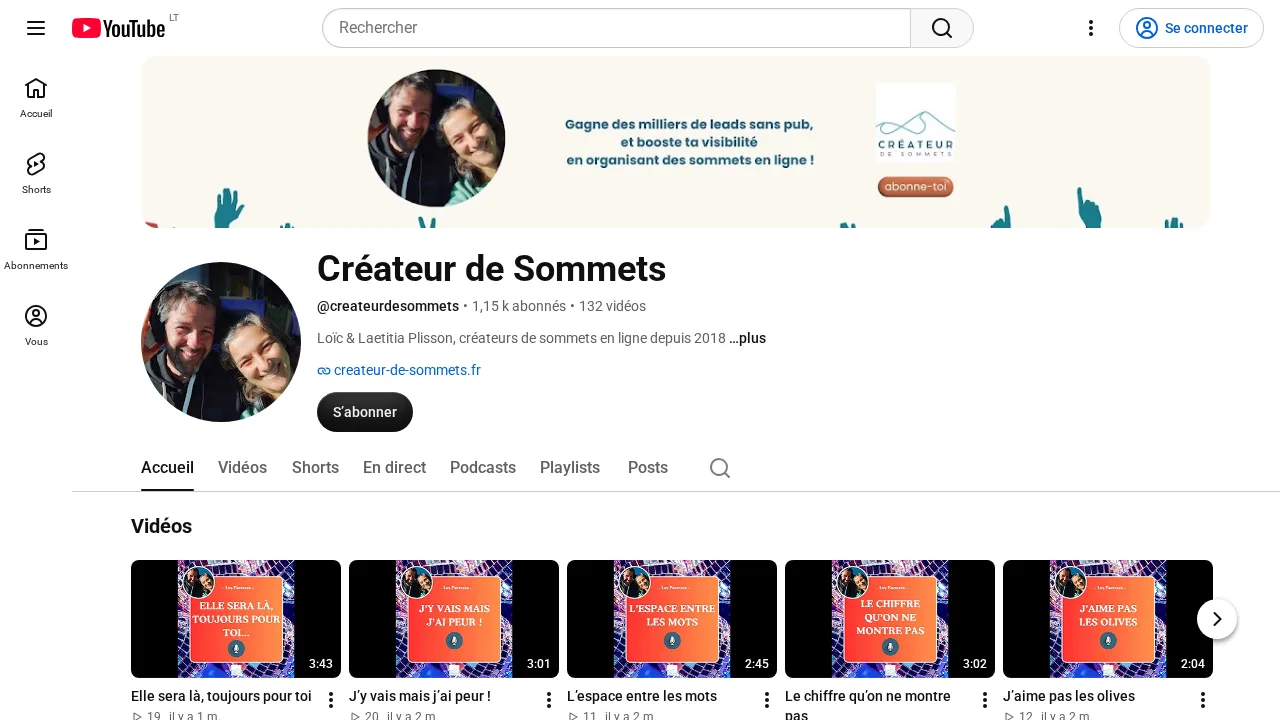 オンラインサミットの開催を掲げたバナーがある、Loïc と Laetitia Plisson の YouTube チャンネル Créateur de Sommets