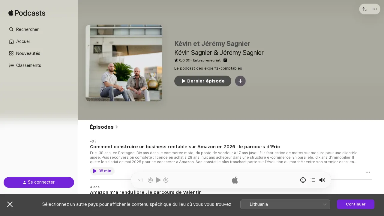 팟캐스트 Kévin et Jérémy Sagnier의 Apple Podcasts 페이지로, 2026년에 수익성 있는 Amazon 비즈니스를 만드는 법에 관한 회차가 보임