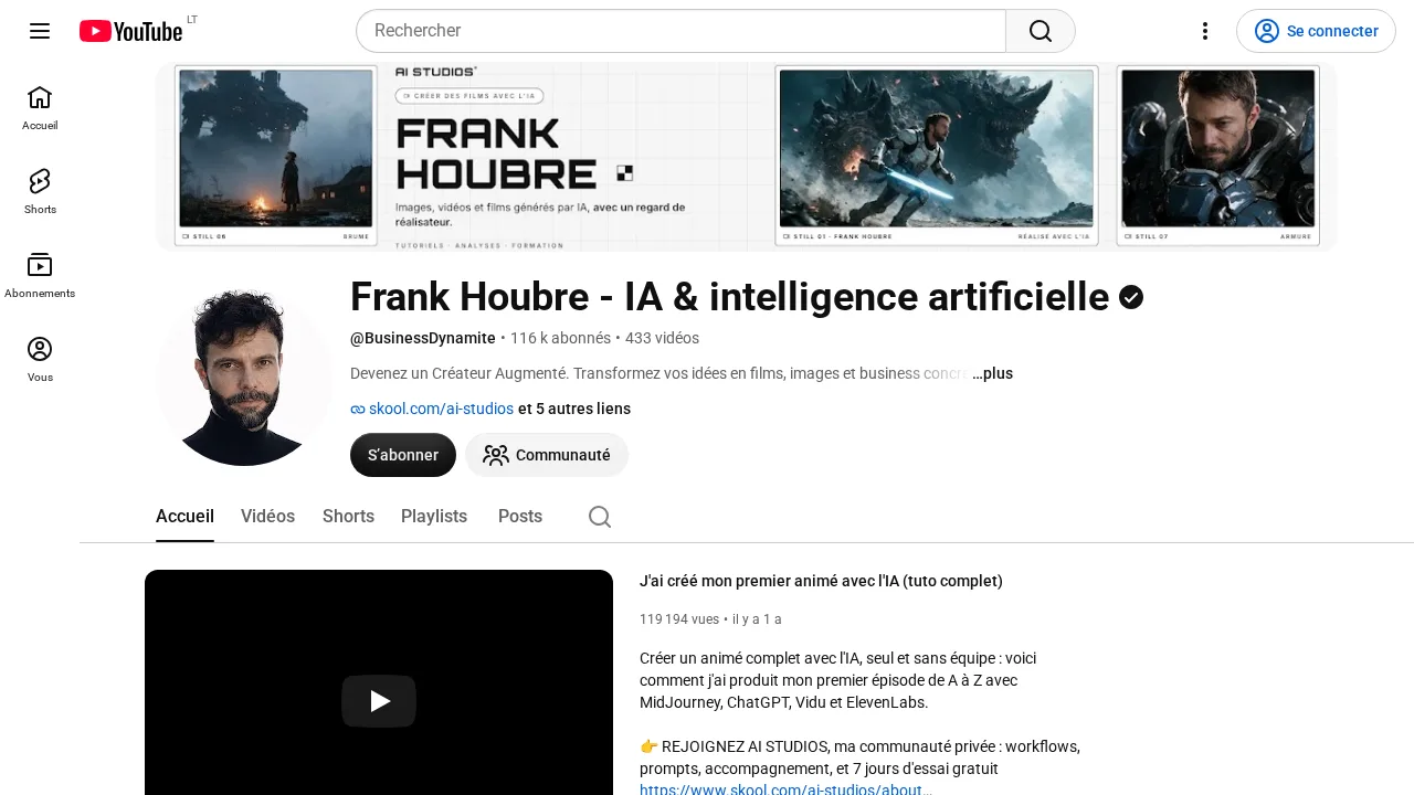 AI로 생성한 이미지, 영상, 영화를 소개하는 배너와 AI Studios 커뮤니티 링크가 있는 AI 주제의 Frank Houbre YouTube 채널