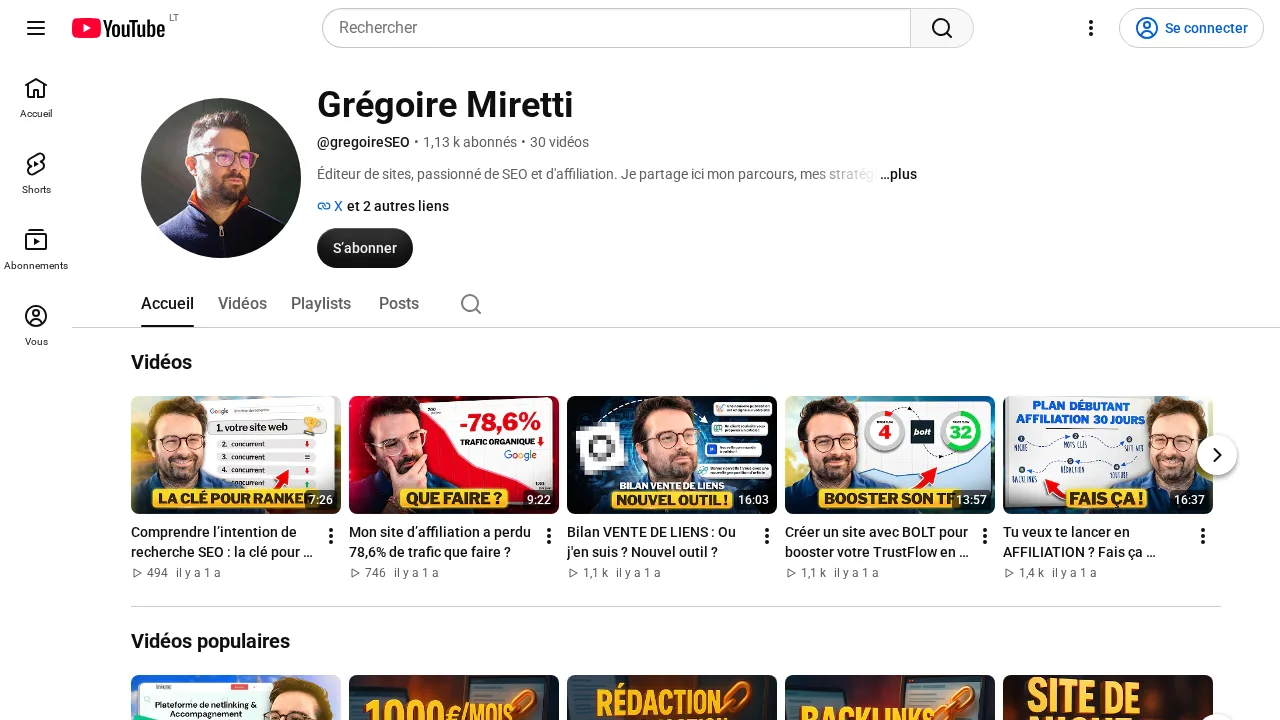サイト運営者 Grégoire Miretti の YouTube チャンネル。リンク販売や Trust Flow に関する動画が並ぶ