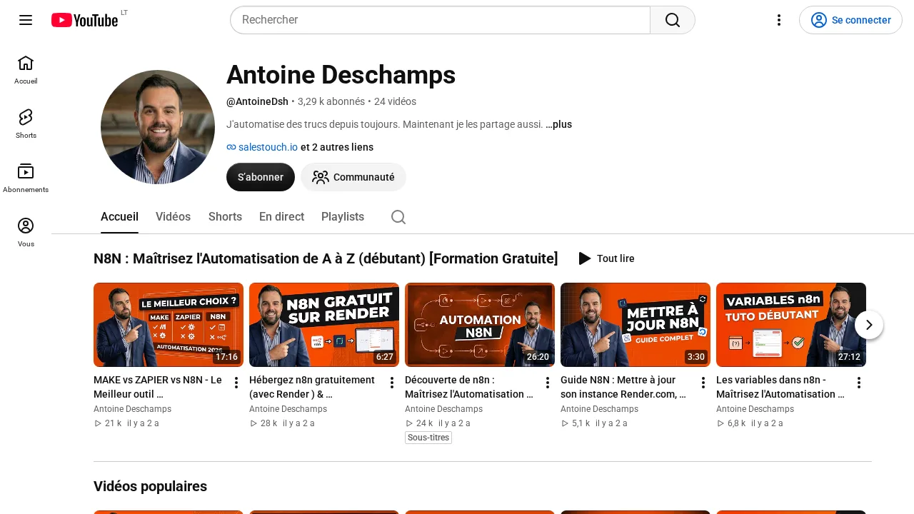 n8n 자동화 튜토리얼 재생목록이 있는 Antoine Deschamps의 YouTube 채널