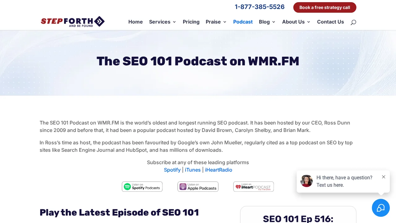 Strona podcastu SEO 101 w serwisie StepForth, z historią programu i linkami do Spotify, Apple Podcasts i iHeartRadio