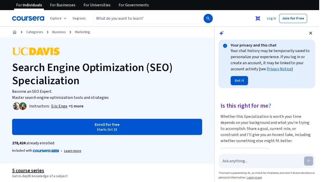 Halaman Coursera untuk UC Davis Search Engine Optimization (SEO) Specialization, dengan tombol Enroll for free