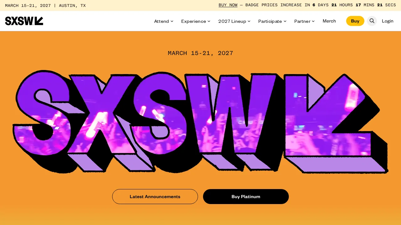 Strona główna SXSW z terminem 15 - 21 marca 2027 w Austin, ogromnym logo SXSW wypełnionym tłumem na koncercie na pomarańczowym tle i przyciskiem Buy Platinum