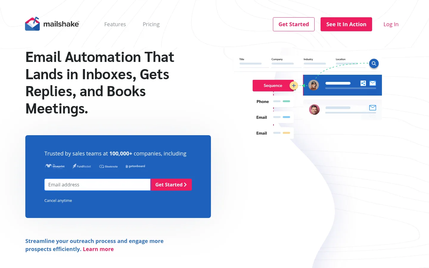 Homepage of the Mailshake software