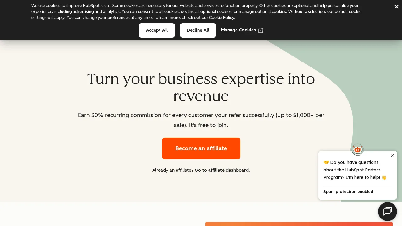 HubSpot ortaklık sayfası: “Turn your business expertise into revenue” başlığı, %30 yinelenen komisyon teklifi ve turuncu Become an affiliate düğmesi