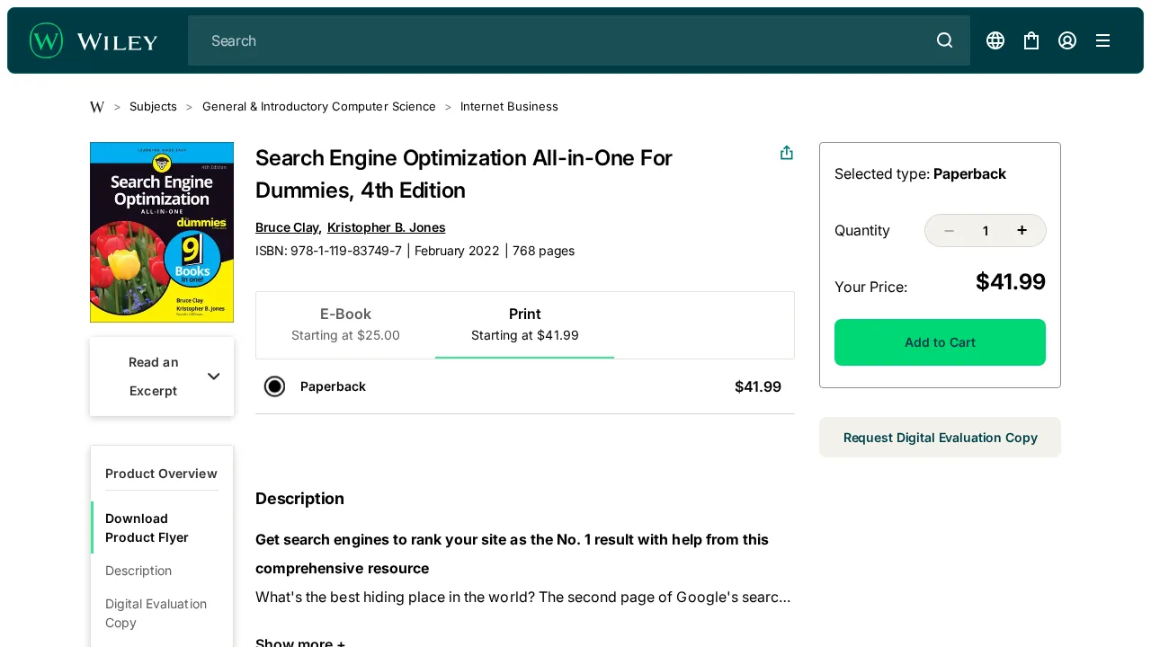 Search Engine Optimization All-in-One For Dummies 4. baskısının Wiley ürün sayfası; kapak, ISBN, sayfa sayısı ve fiyat