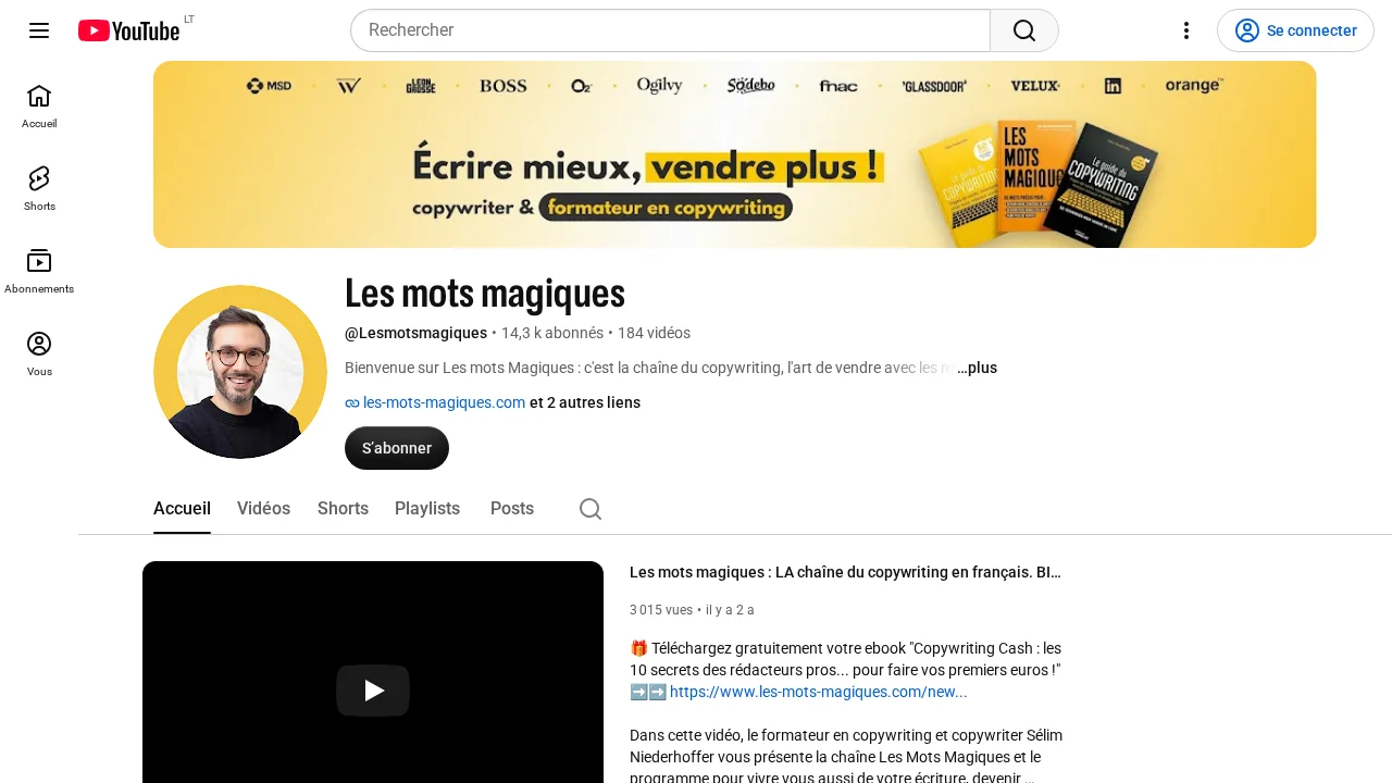 Sélim Niederhoffer の YouTube チャンネル Les Mots Magiques。Écrire mieux, vendre plus と書かれたバナーとコピーライティングの著書