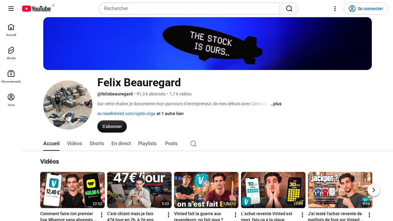 Vinted와 Whatnot 재판매에 관한 최근 영상이 있는 Felix Beauregard의 YouTube 채널