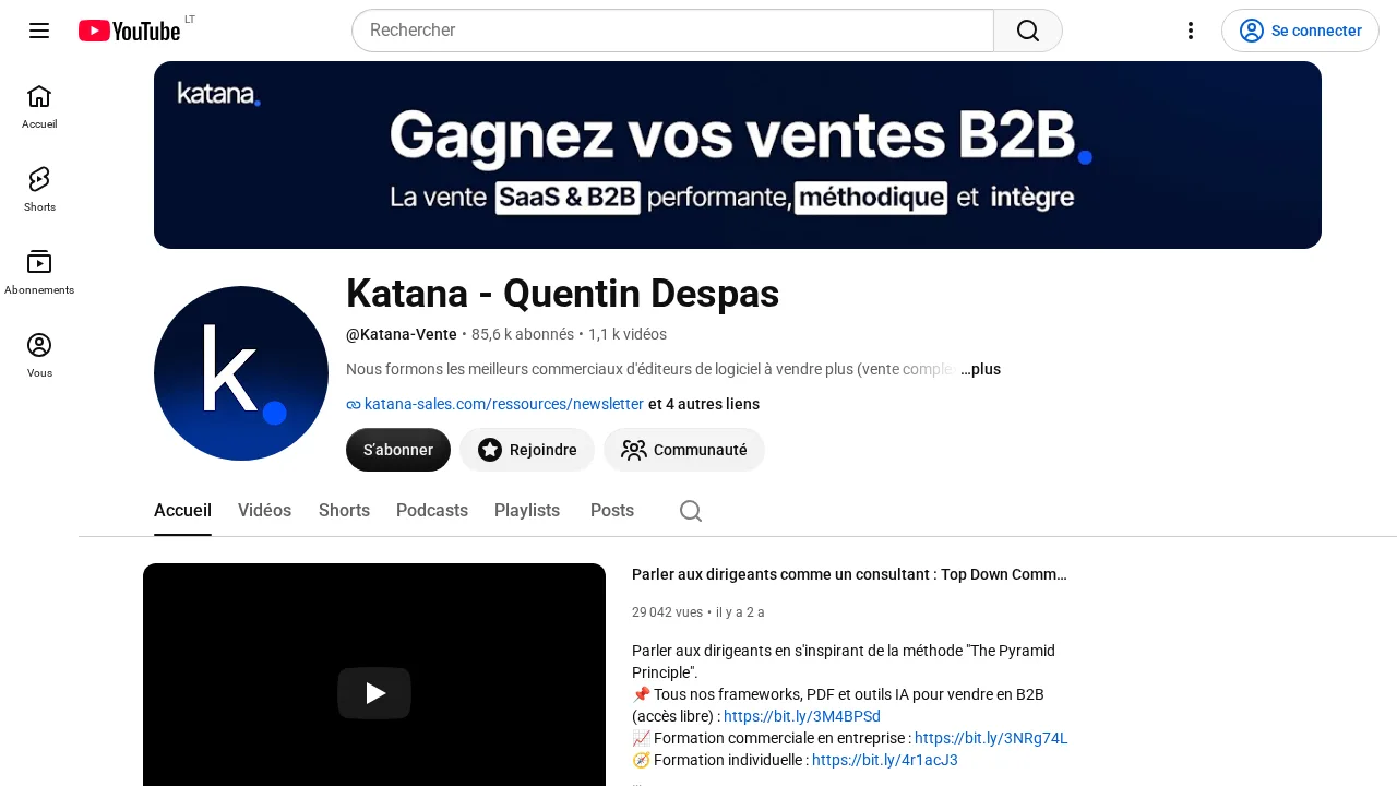 Gagnez vos ventes B2B라고 적힌 배너가 있는 YouTube 채널 Katana - Quentin Despas