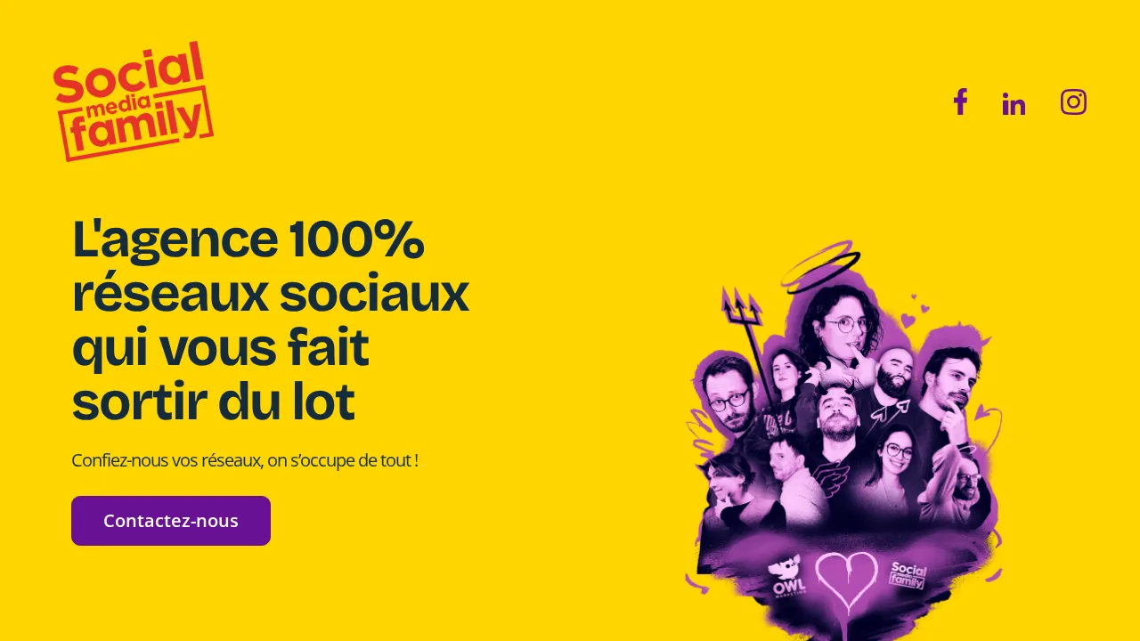 Antoine Périgne が創業したエージェンシー Social Media Family のトップページ。見出しは L'agence 100% réseaux sociaux qui vous fait sortir du lot
