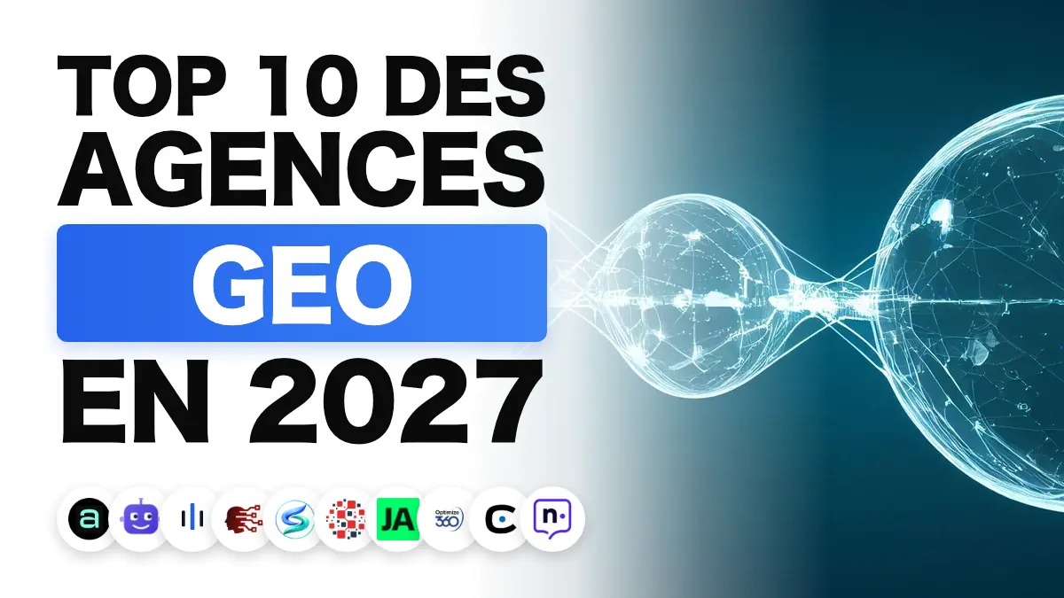 Sphères numériques lumineuses reliées par des traînées de lumière, illustrant le classement des meilleures agences GEO et visibilité IA en France