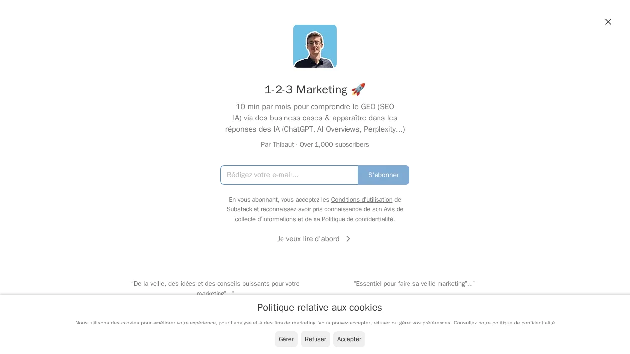 Substack에 있는 Thibaut Huertas의 뉴스레터 1-2-3 Marketing 구독 페이지