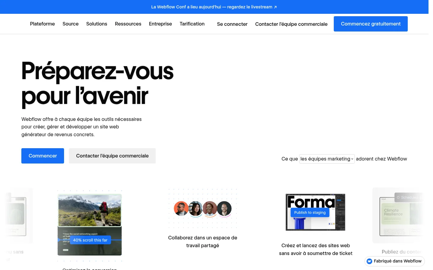 Homepage del software Webflow