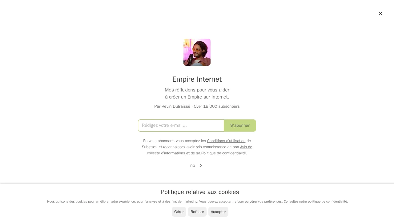 구독자 19000명 이상인 Kevin Dufraisse의 Substack 뉴스레터 Empire Internet 가입 페이지