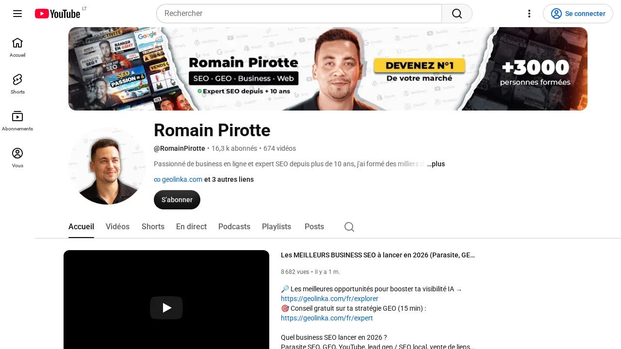 SEO コンサルタント兼講師 Romain Pirotte の YouTube チャンネル
