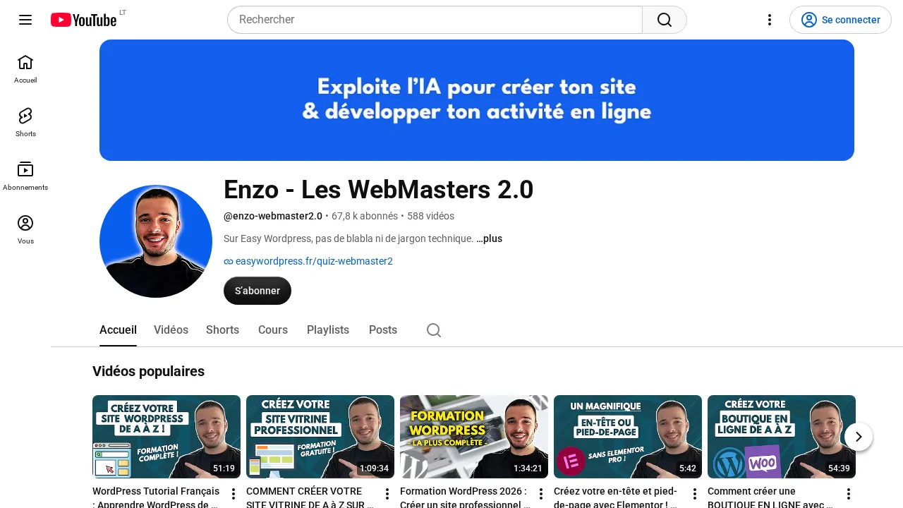 YouTube チャンネル Enzo - Les WebMasters 2.0。登録者 6.78 万人、人気の WordPress、Elementor、WooCommerce チュートリアル