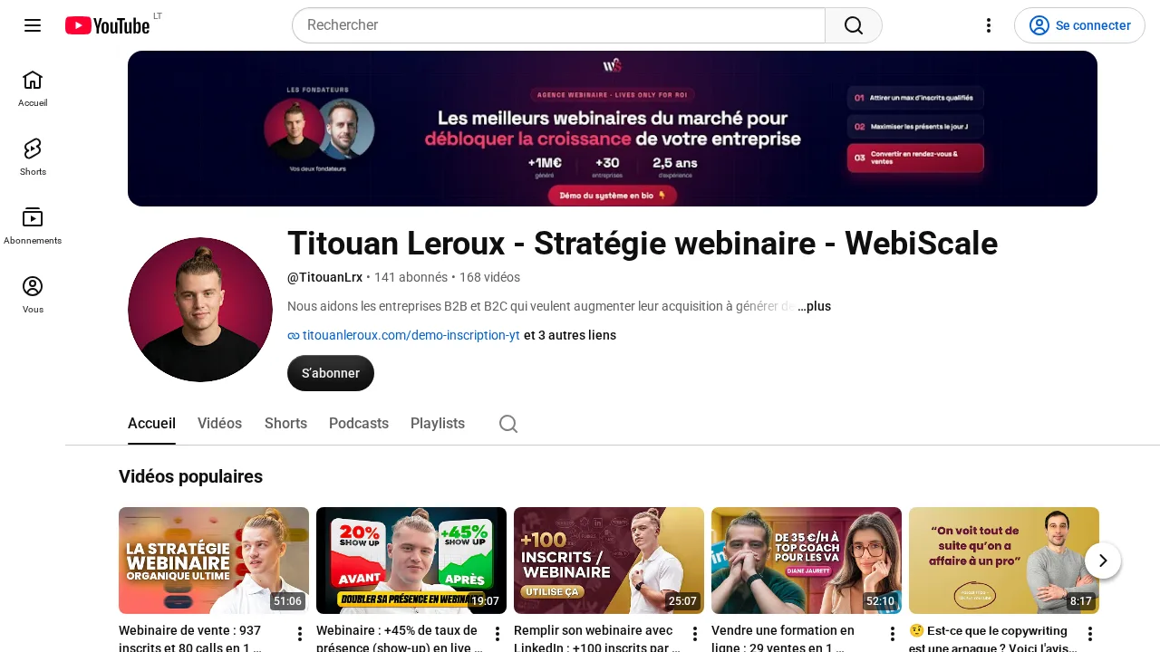 Titouan Leroux の YouTube チャンネル Stratégie webinaire、WebiScale。参加率や LinkedIn でのウェビナー集客についての人気動画が並ぶ