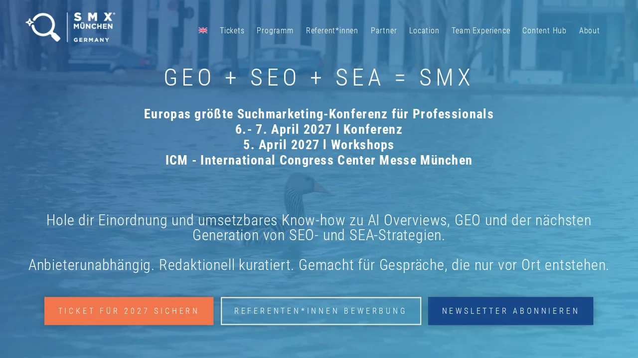 Homepage van SMX München met de aankondiging van de grootste conferentie over zoekmarketing voor professionals in Europa, op 6 en 7 april 2027, met workshops op 5 april 2027 in het ICM in München