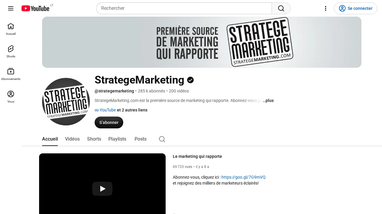 登録者 28.5 万人で、Première source de marketing qui rapporte と書かれたバナーがある認証済み YouTube チャンネル StrategeMarketing