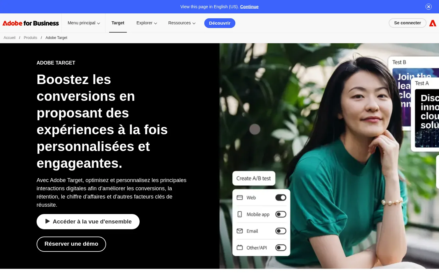 Startseite der Software Adobe Target