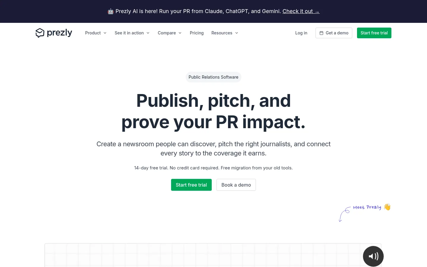 Home page del software Prezly