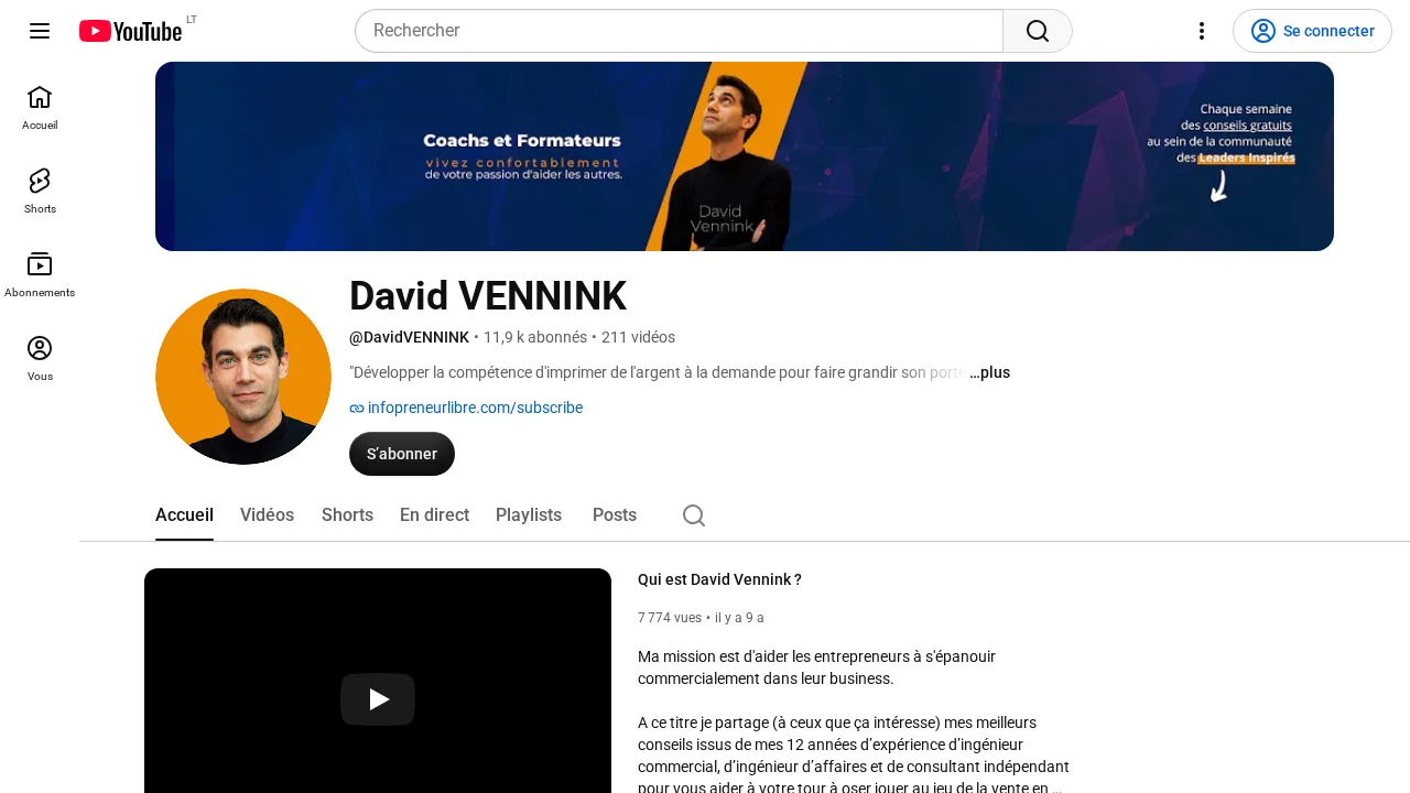 登録者 1.19 万人、動画 211 本で、コーチや講師に向けたバナーを掲げる David Vennink の YouTube チャンネル