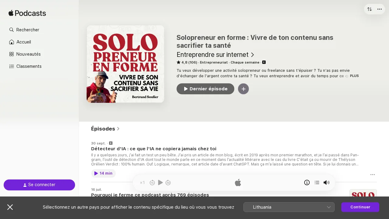 Bertrand Soulier の Solopreneur en forme の Apple Podcasts ページ。ポッドキャストの終了を告げるエピソードが表示されている